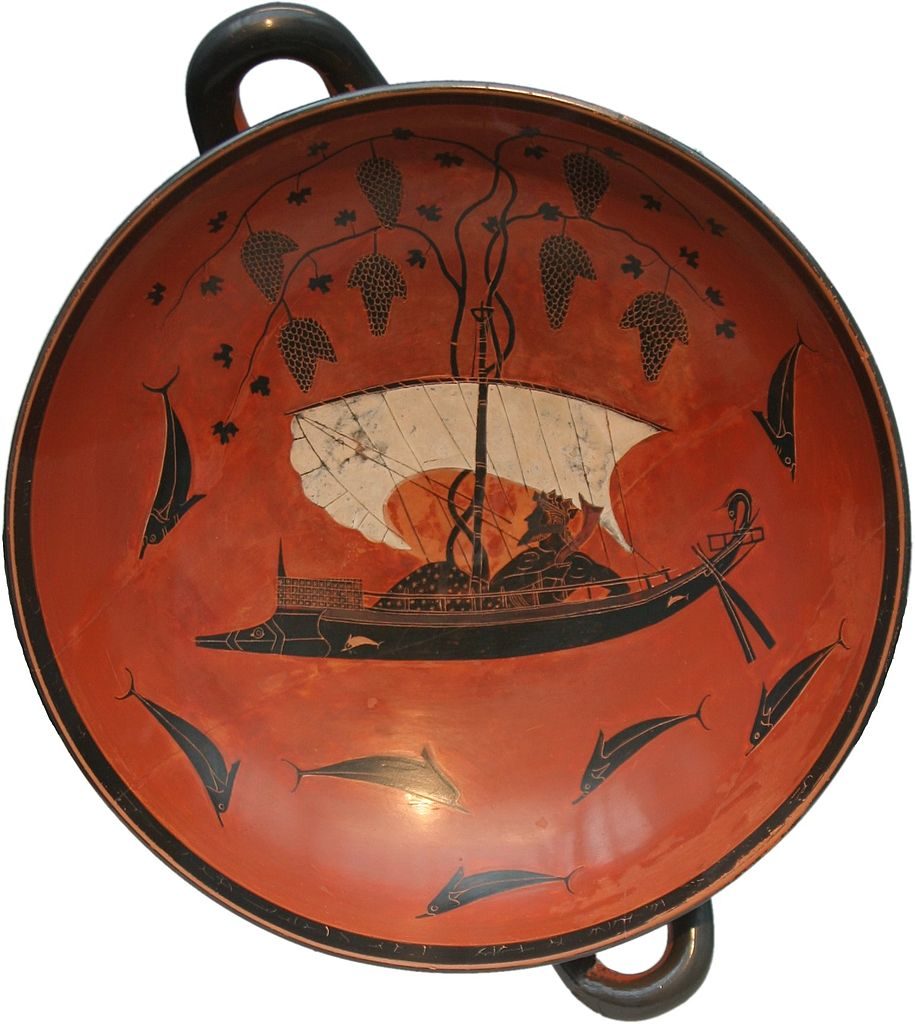 Exekias, Kylix con il mito di Dioniso e dei pirati tirreni trasformati in delfini (530 a.C. circa; ceramica a figure nere, diametro 30,5 cm, altezza 13,6 cm; Monac
